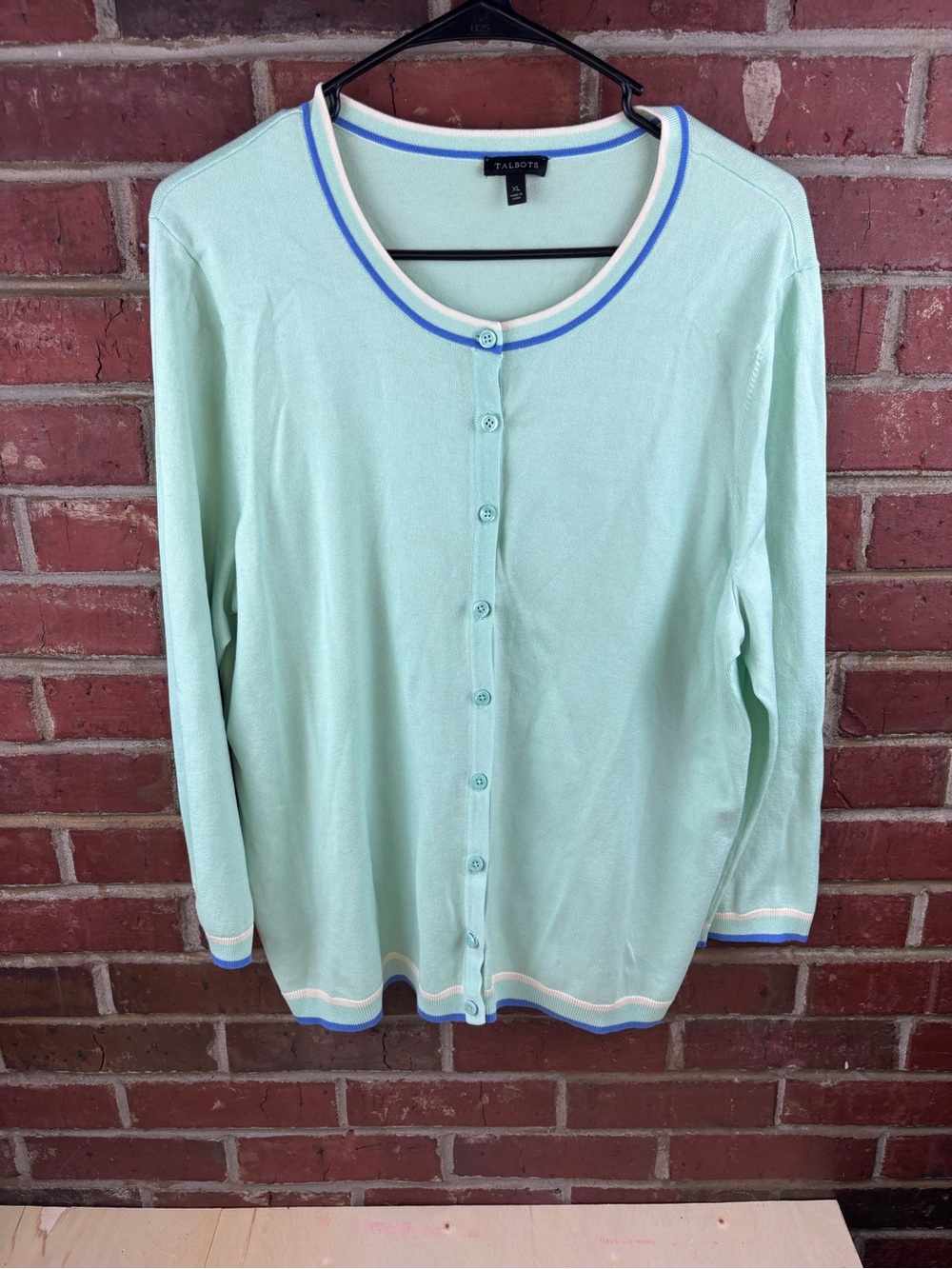 Talbots Mint Green and Blue Stripe Lightweight Button Up Cardigan Sweater Sz XL